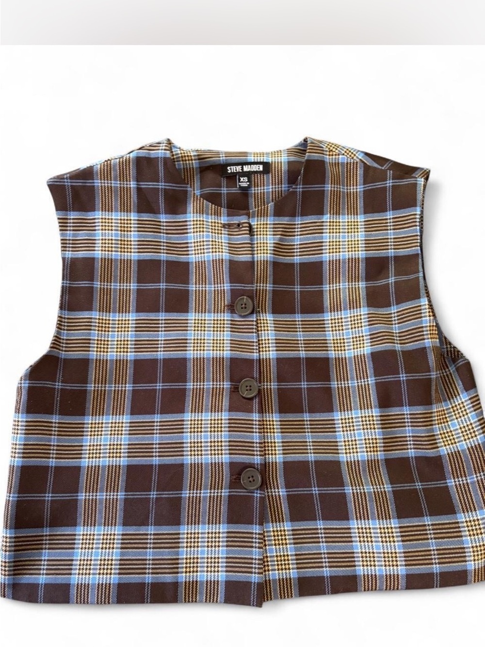 Steve Madden Brown Plaid Sleeveless Button Front Top with Blue and Tan Stripes